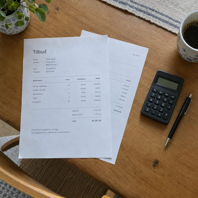 Køkkenbord med tilbudsark, lommeregner og notepapir klar til fradragsopgørelsen